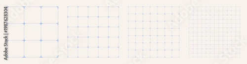 Square grid collection Line Cross matrix geometry, four samples blueprint style. Node spacing lattice structure, interface layouts editorial compositions planning sheets digital technology graphics. 