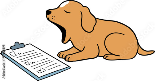 A yawning dog sitting next to a clipboard with a checklist on a plain background in a hand drawn style, showcasing a playful and relaxed atmosphere for illustrative purposes.