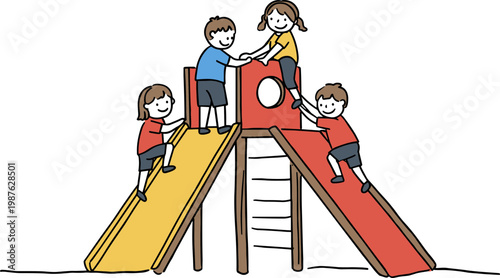 Four children playing on colorful slides, having fun together, in a vibrant playground setting, hand drawn style, on a transparent background