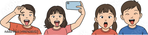 Group of kids making funny faces while taking selfies, showing their tongues and expressing joy in a hand drawn style on a transparent background