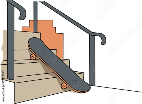 Skateboard on Steps with Hand Drawn Style on a Transparent Background