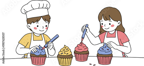Children Decorating Cupcakes in a Kitchen with Bright Colors