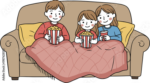 Family Sitting on Couch Watching Movie Together, Holding Popcorn and Drink, Cozy Atmosphere with Blanket, Hand-Drawn Style, Isolated on Transparent Background