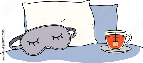 Sleep Mask and Tea on a Bed Pillow in Hand Drawn Style