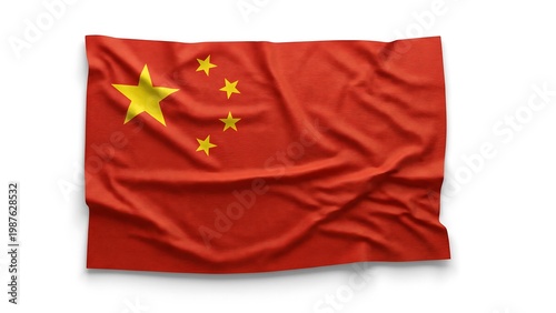 Waving flag of China with red fabric and yellow stars. Realistic textile banner texture representing the nation. Symbol of patriotism, national pride, government, and state identity.