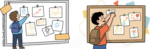 Children drawing and attaching pictures on bulletin boards