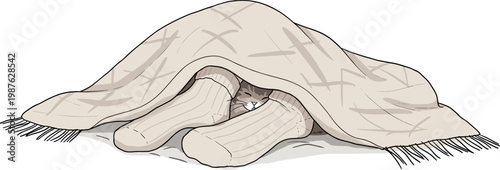 Cat under a blanket with paws visible, hand drawn style