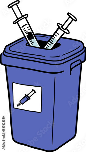 Syringes in a medical waste container on a plain background
