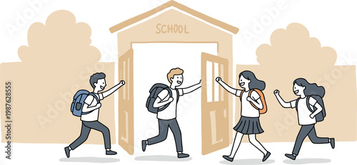 Students Running Out of School in a Hand Drawn Style