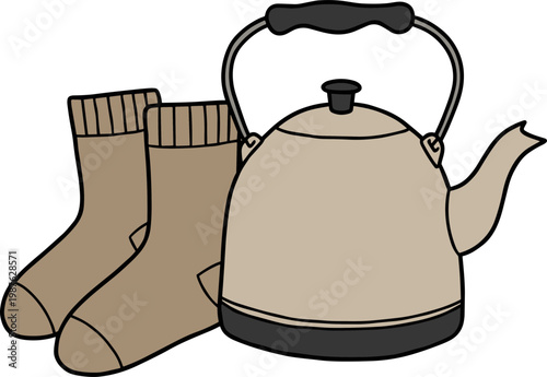 Hand drawn kettle and cozy socks on a transparent background