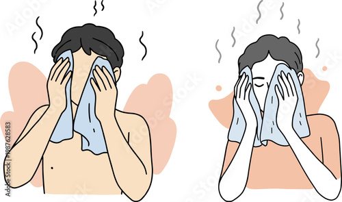 Two people wiping their faces with towels in a hand drawn style