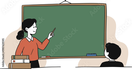 Teacher pointing at chalkboard in a classroom with books