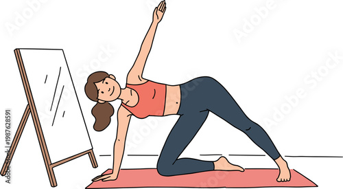 Woman practicing yoga side stretch on a mat with mirror