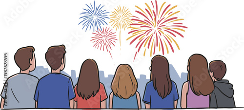 Group of people watching fireworks in a hand-drawn style