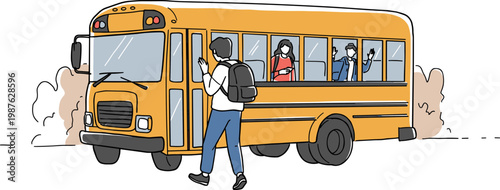 Student boarding yellow school bus in outdoor setting