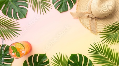 Tropically themed background with palm leaf and straw hat. Refreshing summer cocktail with lime on bright gradient surface. Concept of beach travel and vacation lifestyle aesthetic.