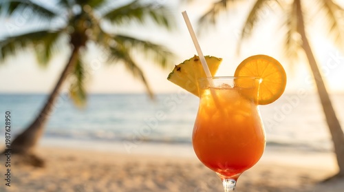 Tropical fruit cocktail with orange and pineapple slice on the beach. Refreshing summer drink at sunset. Vacation, travel and tropical tourism concept. Tropical holiday beverage.