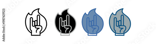 
Rock and roll icon set multiple style collection with hand and fire symbol design