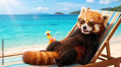 Red panda wearing sunglasses relaxing on beach chair with cocktail. Summer vacation on tropical ocean shore. Animal enjoying sunny weather and holiday leisure. Funny travel and wildlife concept.