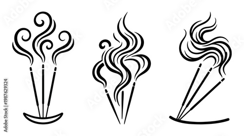 Set of Incense Stick with Smoke in Black and White