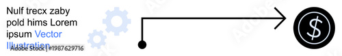 Business strategy, financial planning, workflow, automation, economic analysis, efficiency. Gear icons linked to a dollar symbol with an arrow. Business strategy and financial planning concept