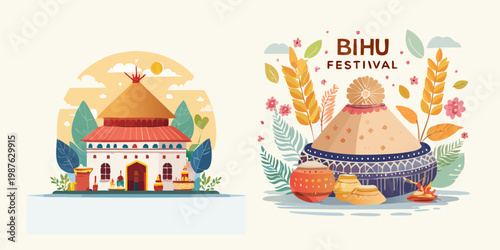 Vivid illustration of an iconic traditional Assamese building, possibly a Naamghar, representing rich cultural heritage and the spirit of regional harvest festivals like Bihu