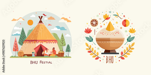 Vibrant outdoor community festival illustration depicting people gathering in a serene natural landscape with traditional tents and festive atmosphere