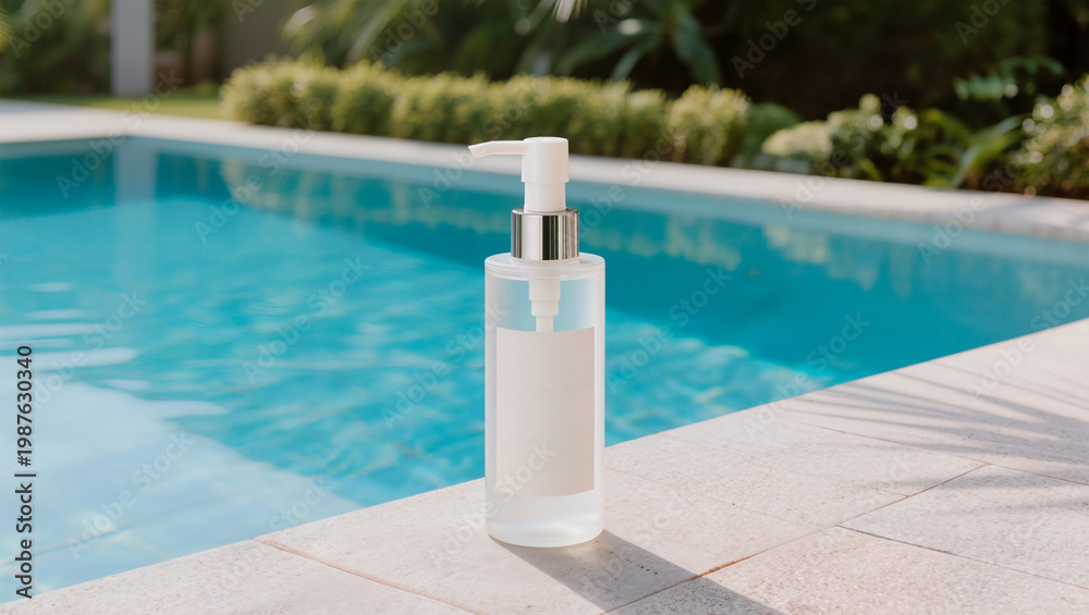 Naklejka premium Mockup of a minimalist cosmetics bottle by the pool