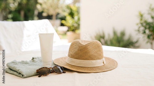 Straw hat with sunglasses and sunscreen tube on table near clothing. Summer vacation accessories and items preparation for holiday trip. Lifestyle mood of sunny travel and relaxation.