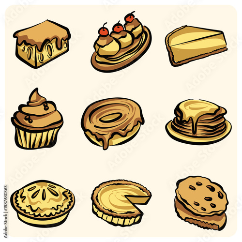 Delicious sweet dessert and bakery products collection illustration