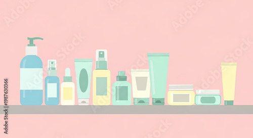 Minimalist vector beauty product set: pastel skincare bottles and containers on shelf for cosmetic treatments in spa or salon