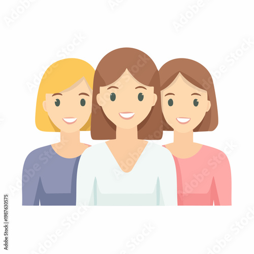 Group of three smiling women, diverse friends, togetherness concept, cheerful faces.