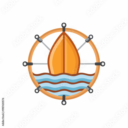 Surfboard design on ocean waves inside the steering wheel circle logo