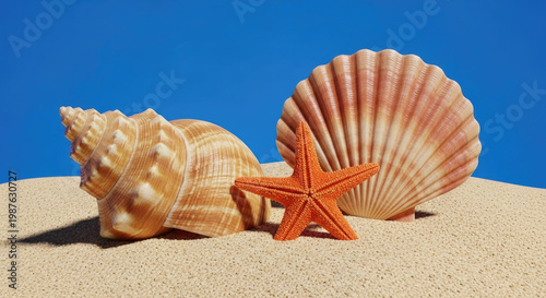Seashell still life featuring a starfish and scallop on a sandy beach against a clear blue sky summer seaside aesthetic