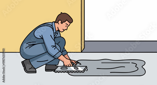 Man in overalls applying screed on floor with trowel. Vector illustration of construction work