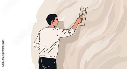 Man applying decorative plaster with trowel. Craftsman working on wall renovation and interior design. Vector illustration