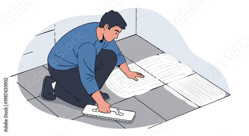 Man applying black grout to tile floor with float tool. Vector illustration of home renovation and repair