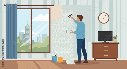 Man applying wallpaper during home renovation in city apartment