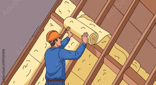 Man installing thermal insulation in house roof attic