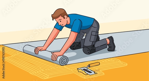 Man installing linoleum flooring applying adhesive