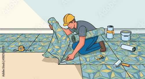 Worker installing patterned linoleum floor covering in house renovation project