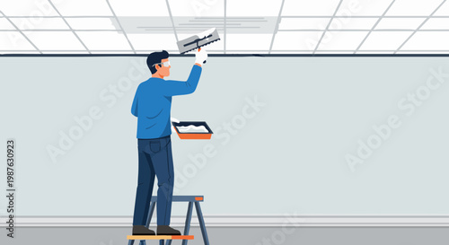 Construction worker applying joint compound to ceiling. Vector illustration of man renovating room