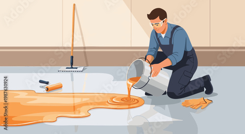 Worker pouring self leveling epoxy resin on concrete floor. Man installing new industrial flooring with tools