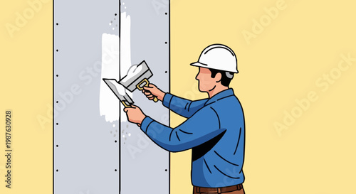 Construction worker applies drywall mud to wall joint with tools