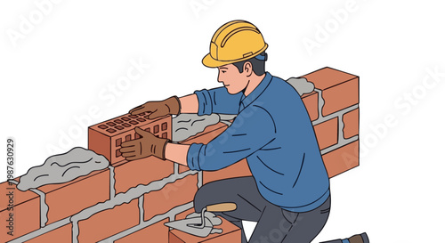 Bricklayer building wall with mortar and bricks