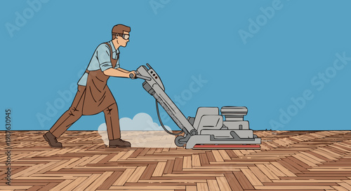 Worker sanding parquet floor with professional sanding machine