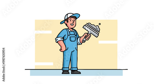 Friendly worker in blue uniform holding grout tool cartoon illustration