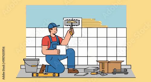 Worker in overalls installing white tiles on wall during home improvement