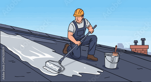 Roofer waterproofing house roof with sealant using paint roller illustration