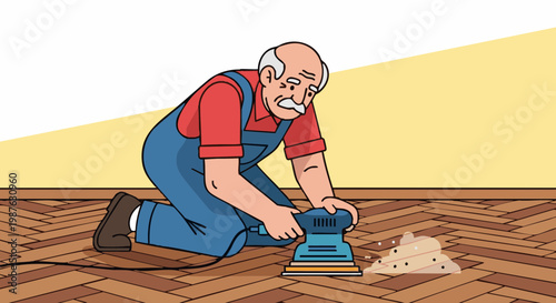 Senior worker in overalls sanding wooden parquet floor with power tool